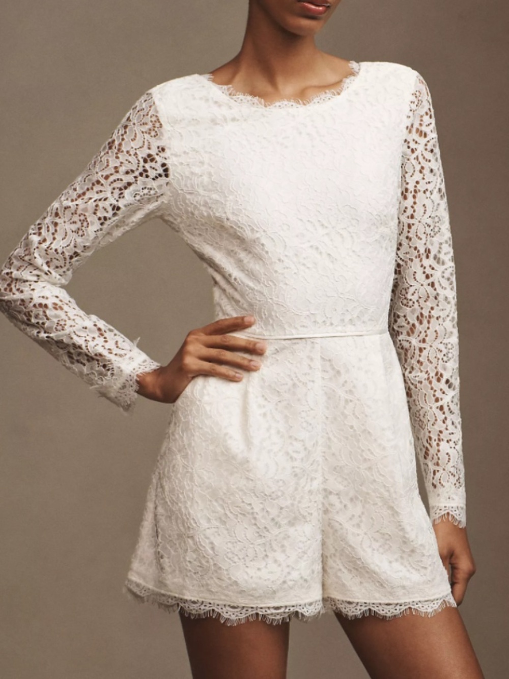 BHLDN Mock-Neck Long-Sleeve Bow-Back Lace Romper